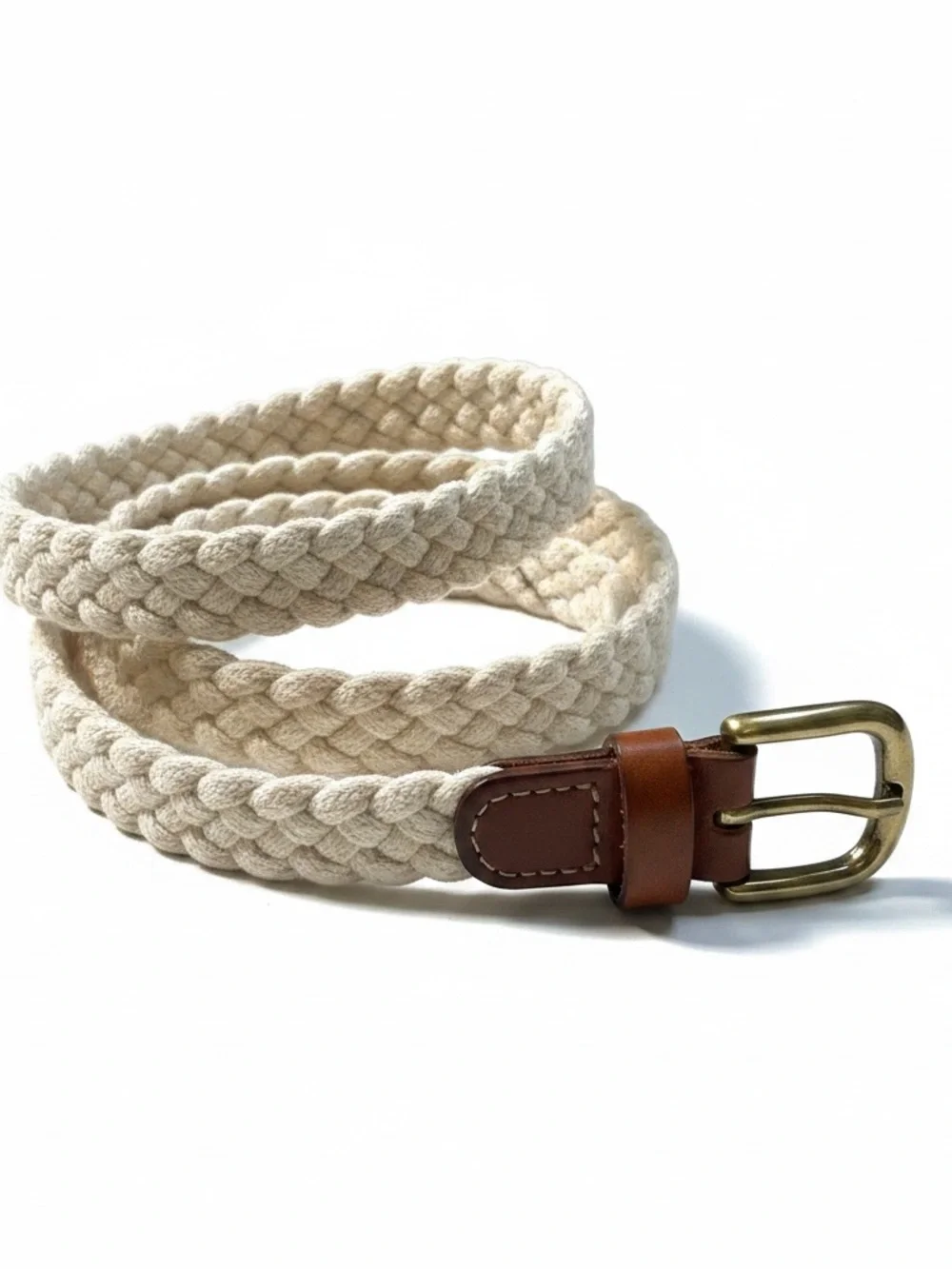 J. Crew Cream Braided Cotton Belt with Brown Leather Trim - Picture 4 of 5